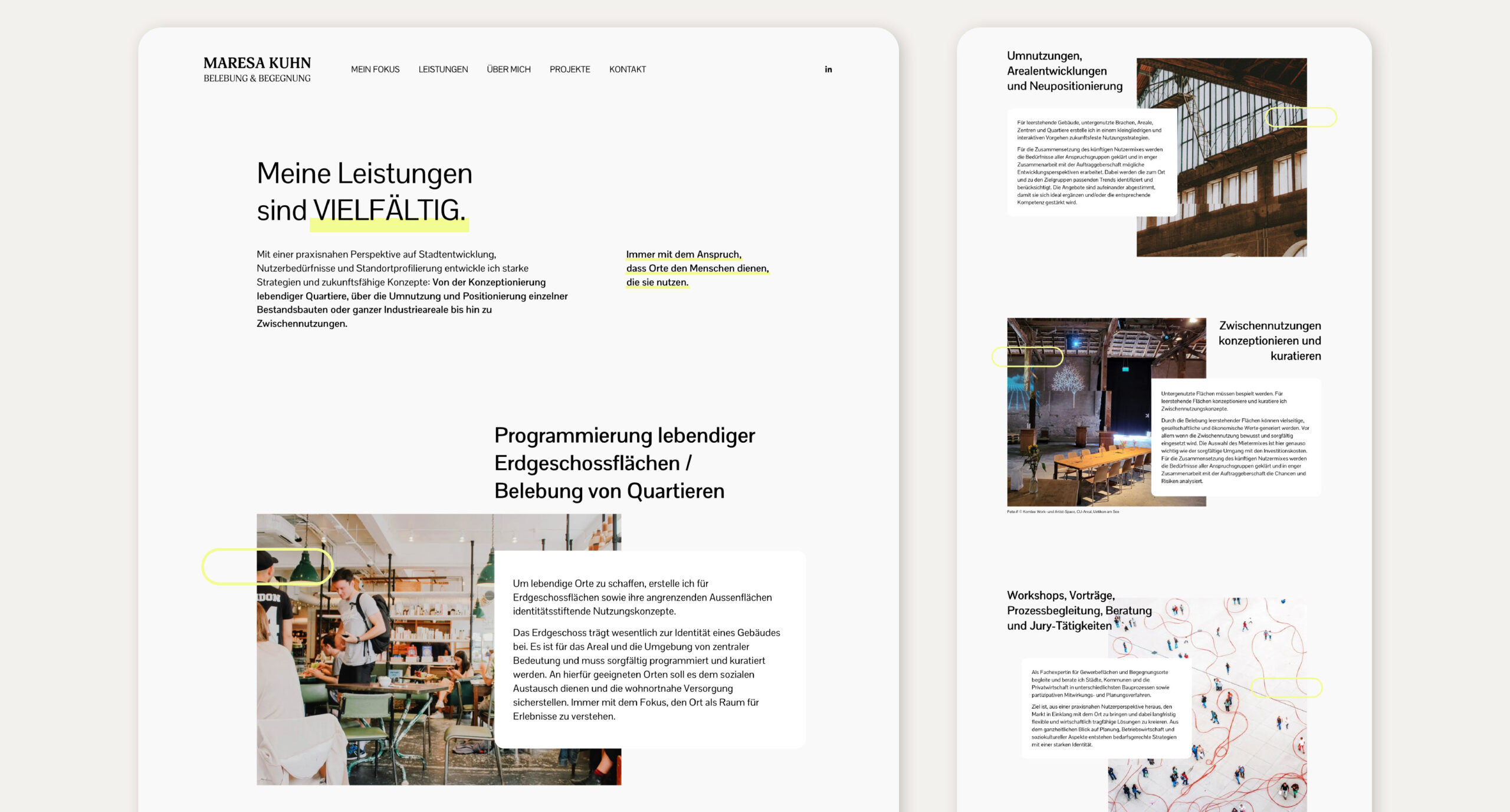 Screenshots mit der neuen Leistungseite für die Webseite von Maresa Kuhn, gestaltet im Rahmen eines Webseiten-Relaunch Projekts von Christiane Dobric.
